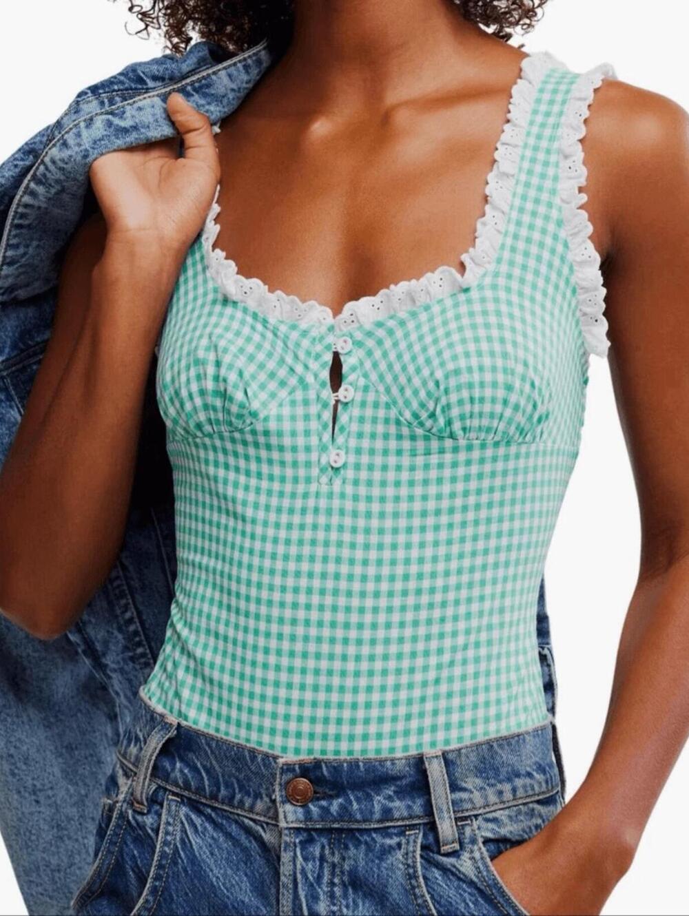 Free People Intimately Free Green Gingham Ruffle Laced Trim Bodysuit- M